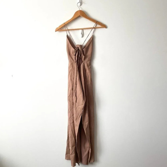 Zara Linen Blend Strappy Open  Back Midi Maxi Dress Beige Tan Brown Size Small - Picture 11 of 16